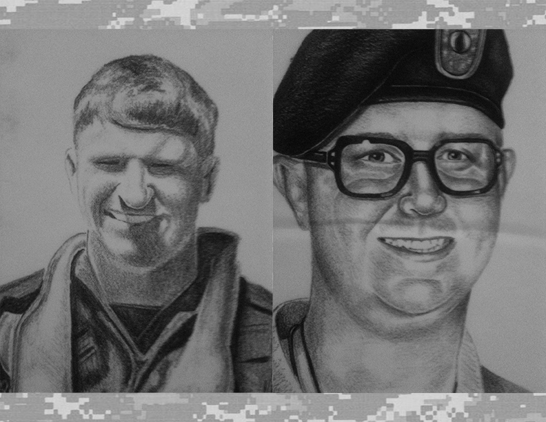 Two page spread of RIP Zine with two portraits of american soldiers in it